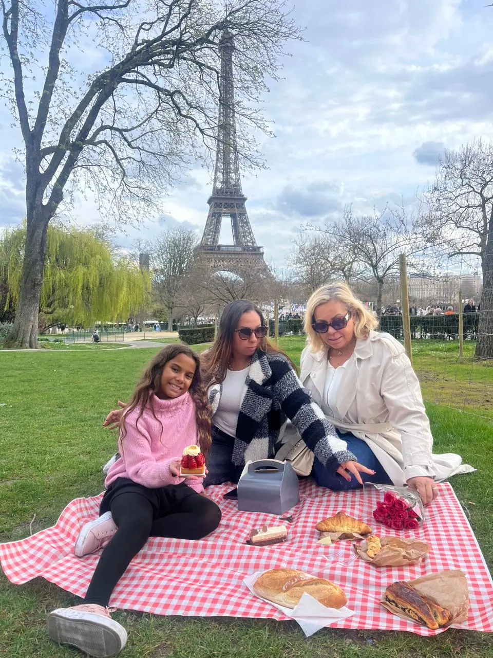 Sandra Martins com sua família em um piquenique diante da Torre Eiffel